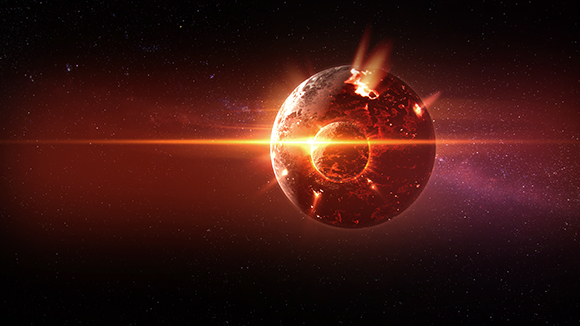 A glowing red planet with bright light flares against a dark, starry space background.