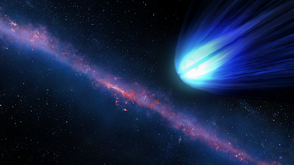 A bright blue comet with a long tail moving across a dark, star-filled galaxy with a red and blue nebula.
