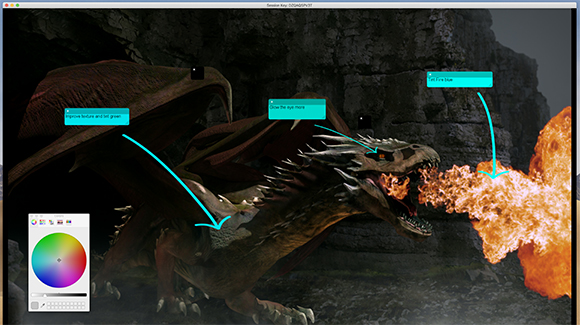 A 3D dragon model breathing fire with cyan annotation lines and text boxes pointing to its body.
