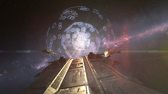 A massive spacecraft flies toward a large, glowing, patterned sphere amidst a starry nebula.
