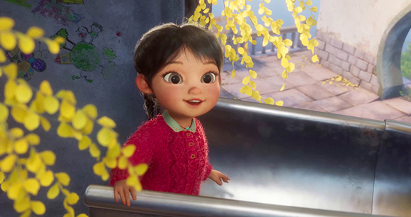 Animated young girl with dark hair and a pink sweater peeking over a metal railing near yellow blossoms.