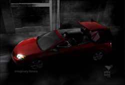 A red convertible car parked in a dark, smoky environment with text at the bottom.