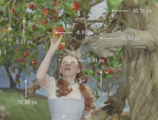 A girl with red pigtails reaches toward an apple in a tree, overlaid with white pixel measurement lines.