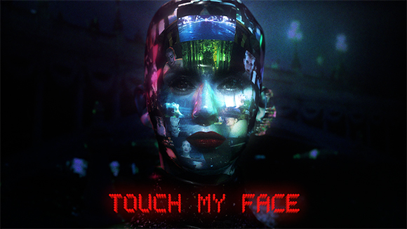 A reflective bust with a human face projected onto it, set against a dark background with red text below.