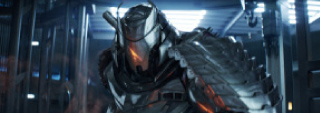 A person wearing detailed, metallic silver sci-fi armor and a helmet in a dimly lit setting.