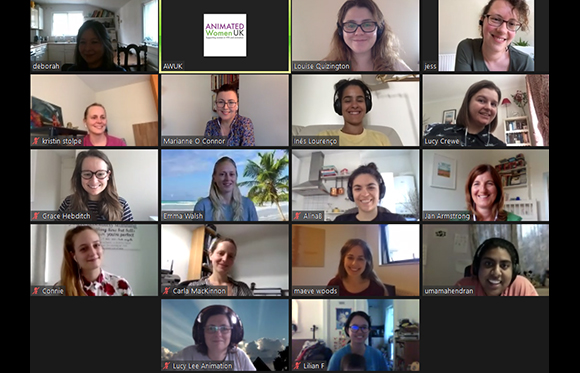 A collage of sixteen diverse women appearing in individual video call windows during an online meeting.