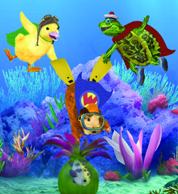 A yellow duck, green turtle, and orange sea creature wearing superhero capes and masks underwater.