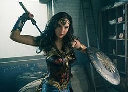 A woman in golden and red armor holds a sword aloft and a circular shield in a dimly lit room.