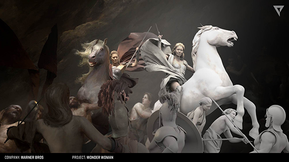 A collage of various character studies showing warriors, horses, and combat poses in a dark, cinematic style.