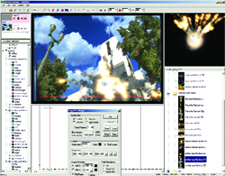 A video editing software interface showing a timeline, file browser, and a preview of an explosion scene.