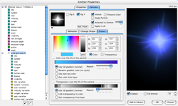 Software interface displaying particle emitter properties, color settings, and a glowing blue star effect.