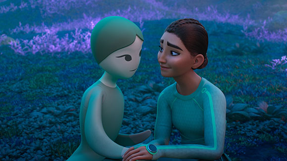 Two stylized animated characters face each other in a field of purple flowers.