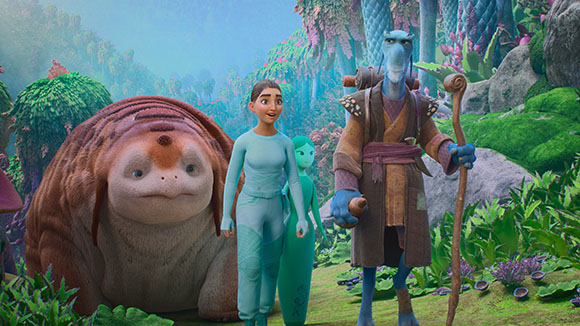 Animated girl and two alien creatures walking through a vibrant, tropical jungle landscape.