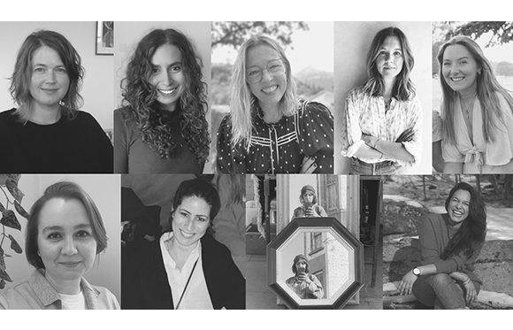 A grid of nine black and white portrait photographs of various women smiling or looking at the camera.