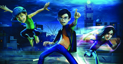 Three animated teenagers jumping and running through a glowing blue nighttime cityscape.