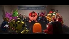 Animated characters sit around a dark table in a dimly lit room.