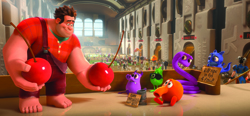 A large muscular man in red overalls holds two large cherries near small, colorful animated creatures.
