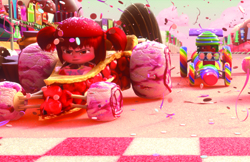 A red-haired character driving a car made of pink sweets and red candies on a pink track.