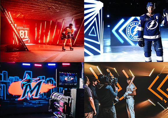 Collage of a hockey player in red light, a Tampa Bay Lightning player, a neon Marlins logo, and a baseball player.