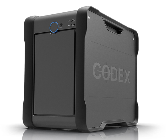 A rugged black Codex media drive with a blue power button and side ports.