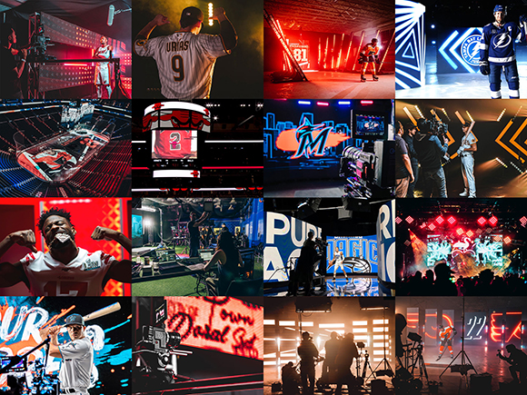 A grid of sixteen different photos showing sports stadium views, athletes, and broadcast production setups.