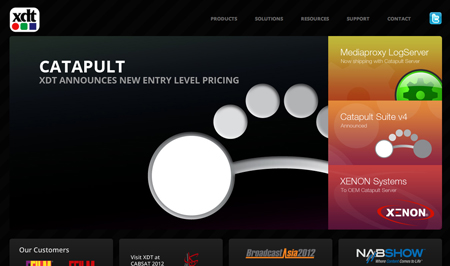 XDT website showing Catapult pricing, Mediaproxy LogServer, and Catapult Suite v4 announcements.