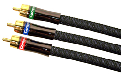 Three black braided component video cables with gold-plated RCA connectors in red, blue, and green.