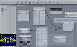 A visual programming interface with various interconnected data nodes and connection lines on a gray background.