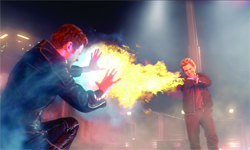 A person in a dark jacket shoots a stream of yellow fire from their hands toward a person standing in the distance.