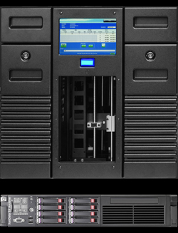 A large black server chassis with a digital display and an empty drive bay, above a slim rack-mount server.