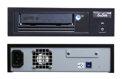 Front and rear views of a black XenData external drive enclosure with an optical drive and power port.
