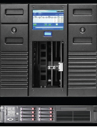 A black server chassis with a central digital screen and an open vertical slot showing internal components.