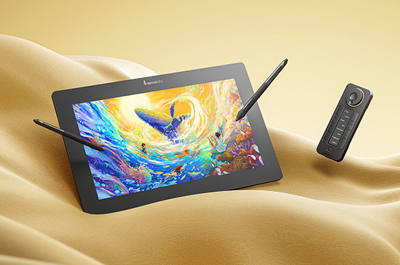A black digital drawing tablet displaying colorful ocean art, accompanied by two styluses and a remote control.