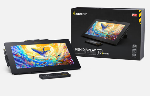Xencelabs Pen Display 16 and its retail box showing a colorful digital painting of a bird.