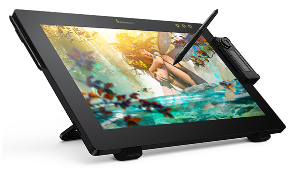 A black digital pen display tablet showing a colorful fantasy illustration of a fairy in a forest.