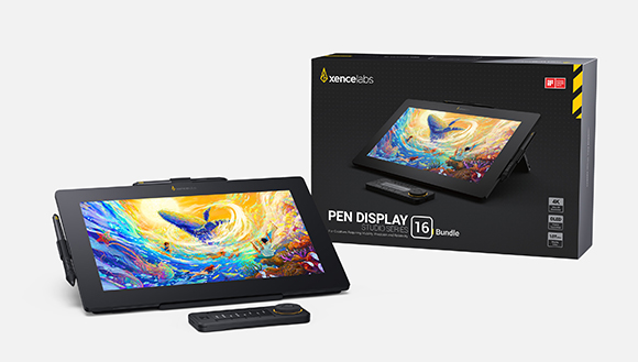 Xencelabs Pen Display 16 with a colorful digital painting on screen, a remote controller, and its retail box.