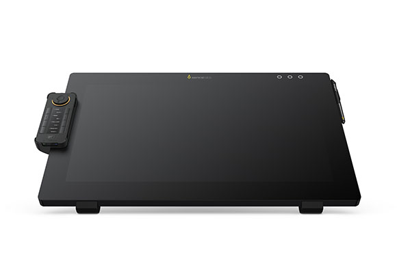A black digital graphics tablet with a control dial and buttons attached to the left side.