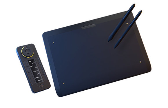 A black digital drawing tablet with two styluses and a small remote control on a white background.