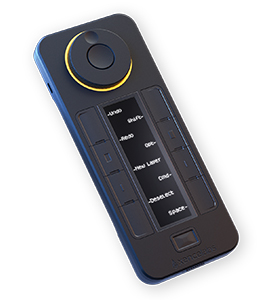 A black handheld remote control with a gold-rimmed circular dial and several rectangular labeled buttons.