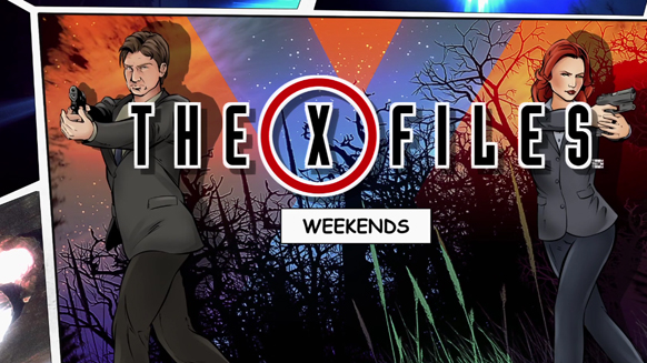 Cartoon illustration of two agents with guns flanking The X-Files logo against a colorful forest background.