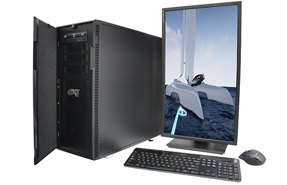 Black desktop computer tower with an open side panel, a monitor displaying a sailboat, a keyboard, and a mouse.