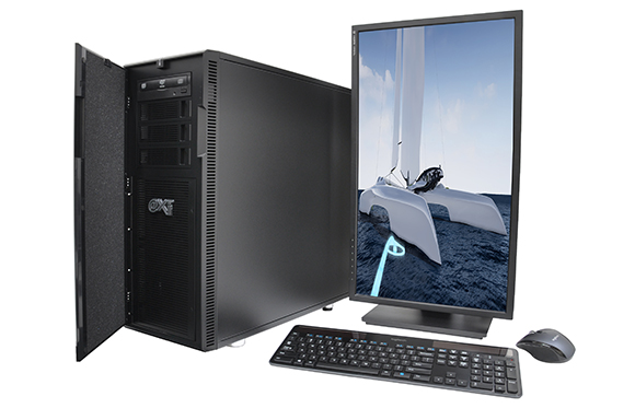 Black computer tower with open side panel, monitor displaying a sailboat, keyboard, and mouse on a white background.