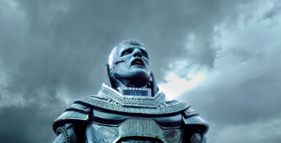 Low-angle view of a blue-skinned character wearing ornate metallic armor under a cloudy sky.