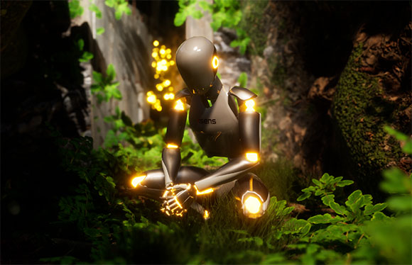 A sleek, dark humanoid robot with glowing yellow joints sits among green plants in a forest.