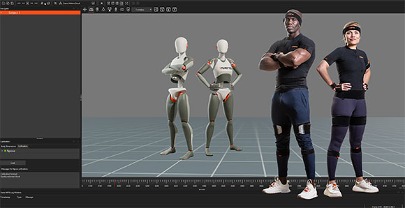Digital mannequins and two people in motion capture suits on a grid interface.