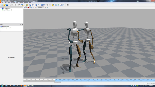 Two 3D skeletal models standing on a gray checkered grid within a software interface.