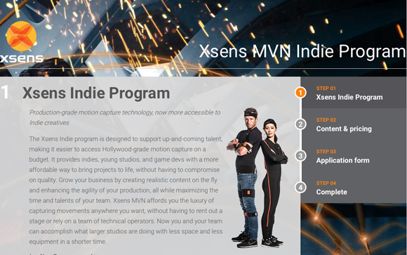 Promotional slide for Xsens Indie Program featuring text and two people in motion capture suits.