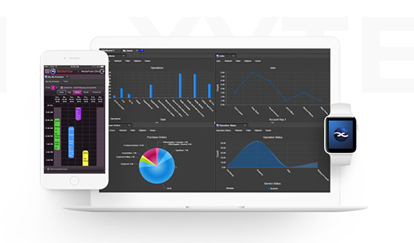 A laptop, smartphone, and smartwatch displaying various data charts and graphs on dark interfaces.