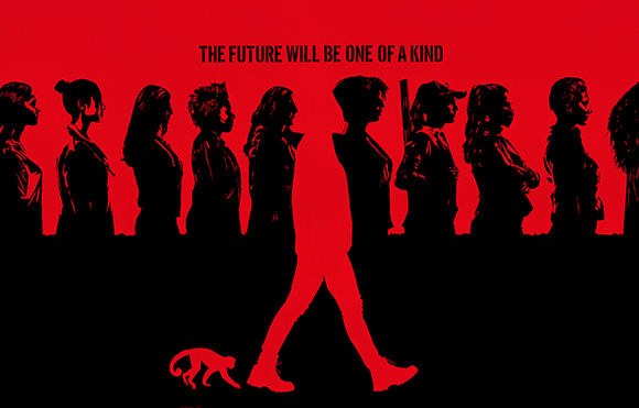 Silhouettes of several people standing in a row with one person walking and a small monkey below.
