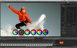 A photo editing software interface showing a person snowboarding in a red jacket.